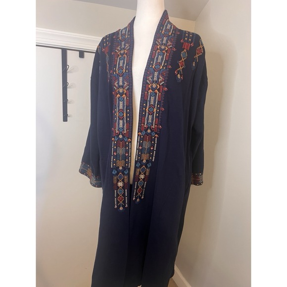 Johnny Was Jackets & Blazers - Johnny Was Cleo Blue Navy Embroidered Heavy Coat Sister Jacket Open Large